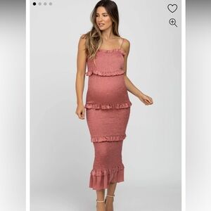 PinkBlush Mauve Satin Smocked Fitted Maternity Midi Dress